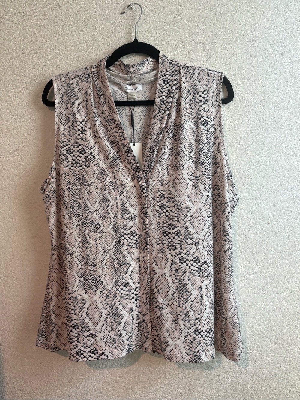 Calvin Klein Sleeveless Snake-Print V-Neck Blouse in Beige Neutrals & Black NWT